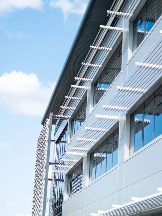 View of the bespoke brise soleil at the Hydraforce Headquarters